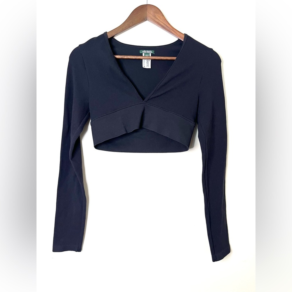 WILD FABLE Black Long Sleeve V-Neck Cropped Top | Medium
